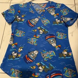 Animals Floating on Rafts Printed Scrub Top